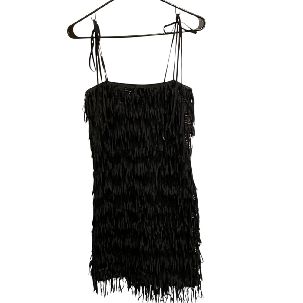 Zara Black Sequined Fringed Spaghetti Strap Mini Dress Lined Black Size Small